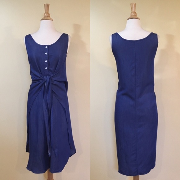Tie Front Shirttail Hem Chambray Denim Midi Dress - Picture 2 of 4